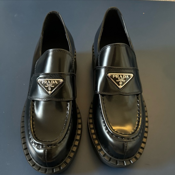 Prada Shoes - Prada Black Patent Leather Loafers with Logo Plaque